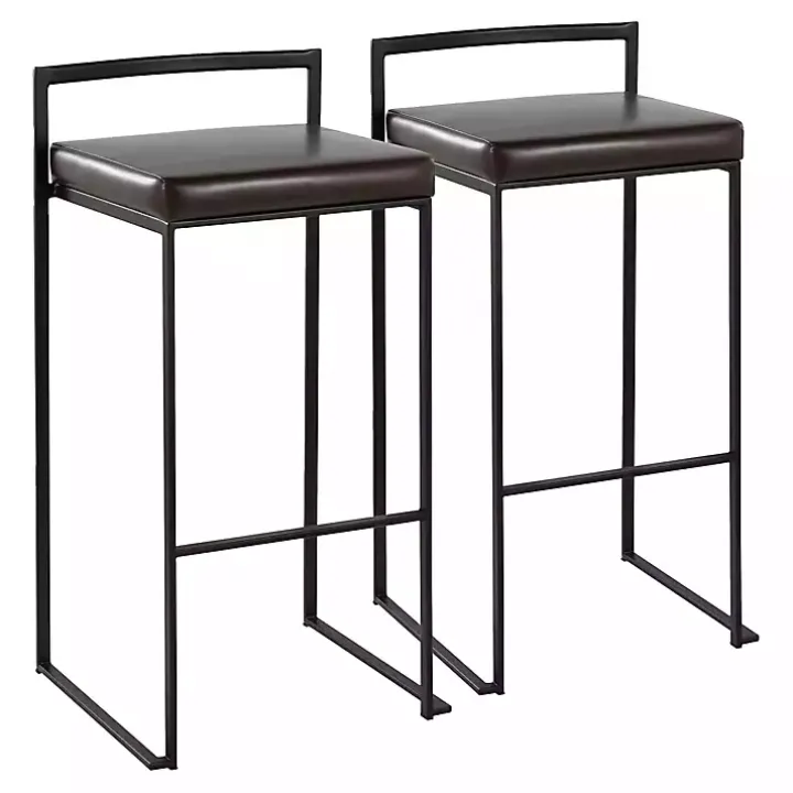 Brown Faux Leather Stackable Bar Stools, Set of 2