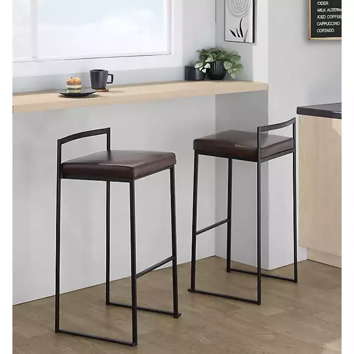 Brown Faux Leather Stackable Bar Stools, Set of 2