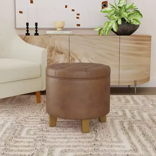 Brown Faux Leather Tufted Storage Ottoman