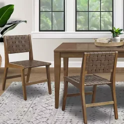 Brown Faux Leather Woven Dining Chairs, Set of 2