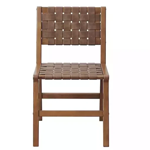 Brown Faux Leather Woven Dining Chairs, Set of 2