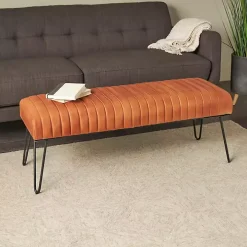 Brown Leather Tufted Panel Bench