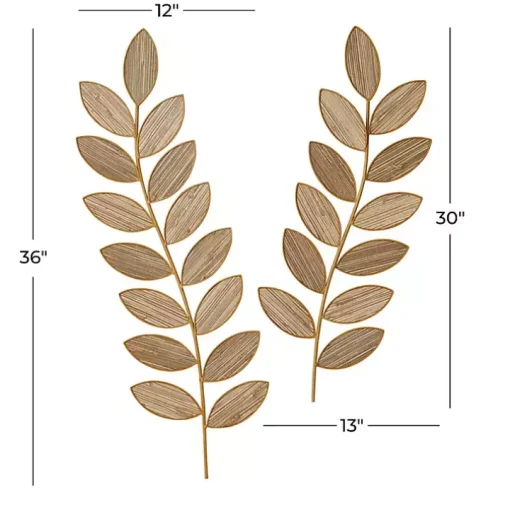 Brown Metal and Reed Leaf Wall Plaques, Set of 2