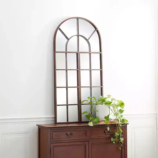 Brown Metal Arch Frame Windowpane Wall Mirror