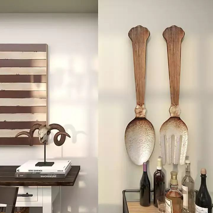 Brown Metal Utensils Wall Plaques, Set of 2