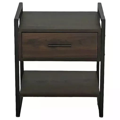 Brown Wood & Black Metal Frame Nightstand