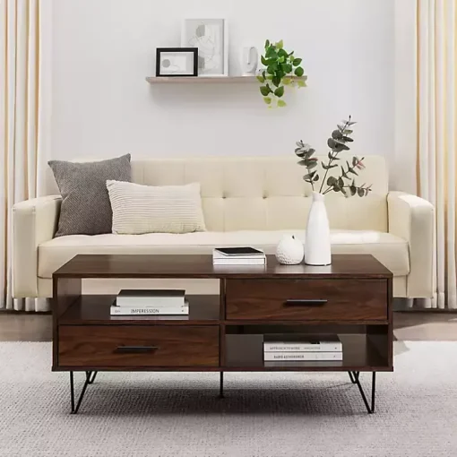 Brown Wood & Black Metal Hairpin Legs Coffee Table