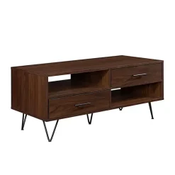 Brown Wood & Black Metal Hairpin Legs Coffee Table