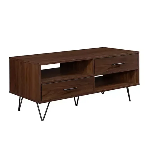 Brown Wood & Black Metal Hairpin Legs Coffee Table