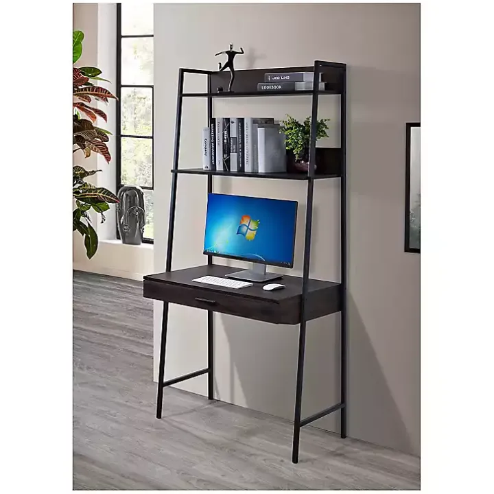 Brown Wood & Black Metal 2-Shelf Desk