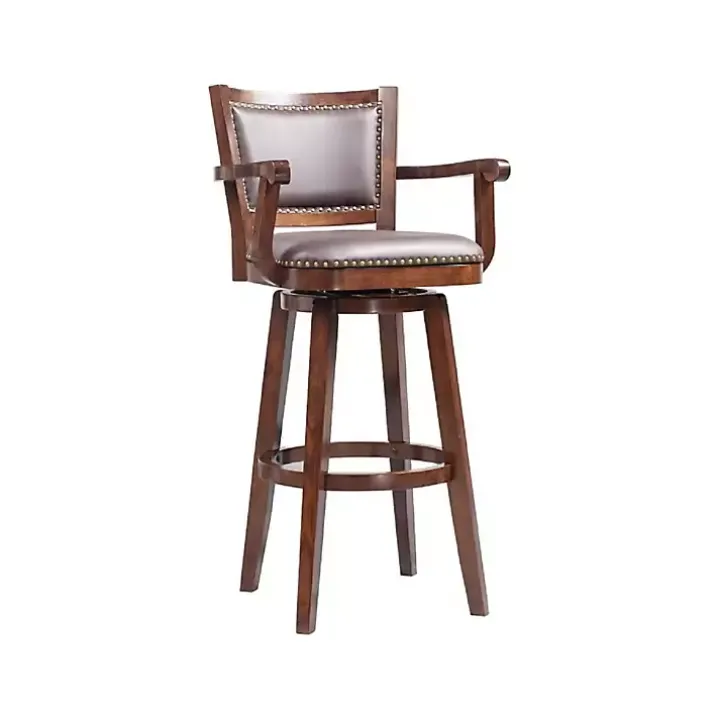 Brown Wood and Faux Leather Swivel Bar Stool