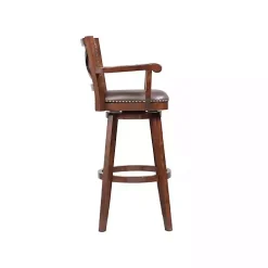Brown Wood and Faux Leather Swivel Bar Stool