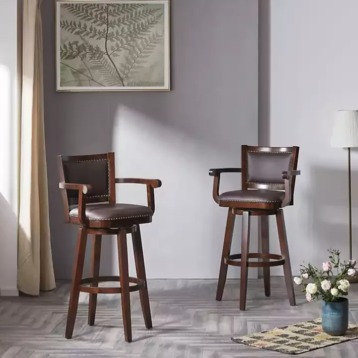 Brown Wood and Faux Leather Swivel Bar Stool