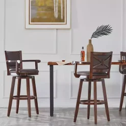 Brown Wood and Faux Leather Swivel Bar Stool
