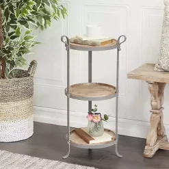 Brown Wood and Gray Metal 3-Tier Side Table