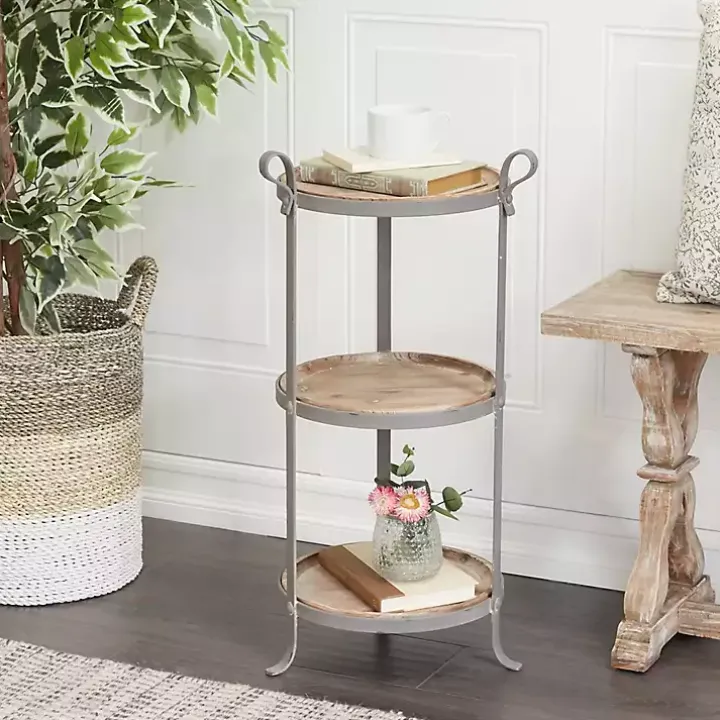 Brown Wood and Gray Metal 3-Tier Side Table
