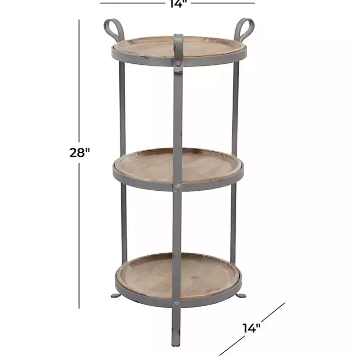 Brown Wood and Gray Metal 3-Tier Side Table