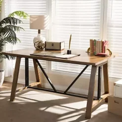 Brown Wood and Metal Linear Base Desk