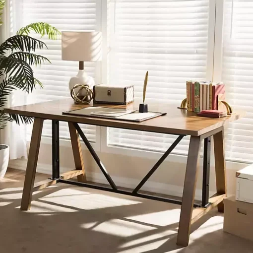 Brown Wood and Metal Linear Base Desk