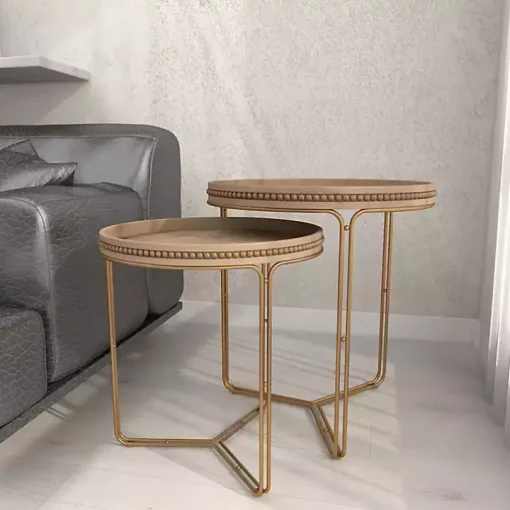 Brown Wood Beaded Nesting Side Tables, Set of 2