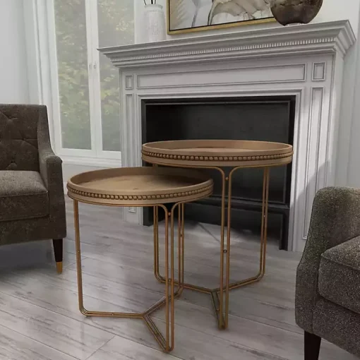 Brown Wood Beaded Nesting Side Tables, Set of 2