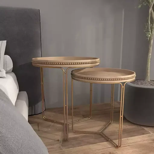 Brown Wood Beaded Nesting Side Tables, Set of 2