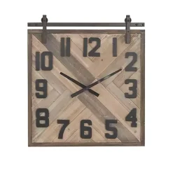 Brown Wood Black Metal Accent Square Wall Clock
