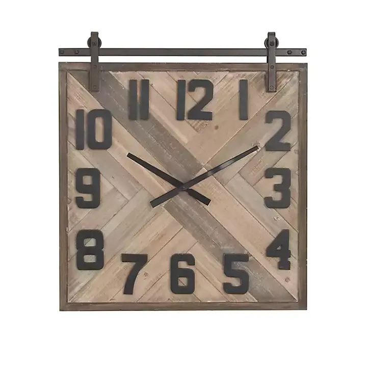 Brown Wood Black Metal Accent Square Wall Clock
