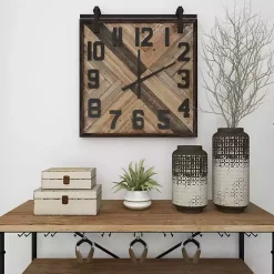 Brown Wood Black Metal Accent Square Wall Clock