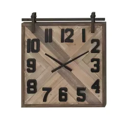 Brown Wood Black Metal Accent Square Wall Clock