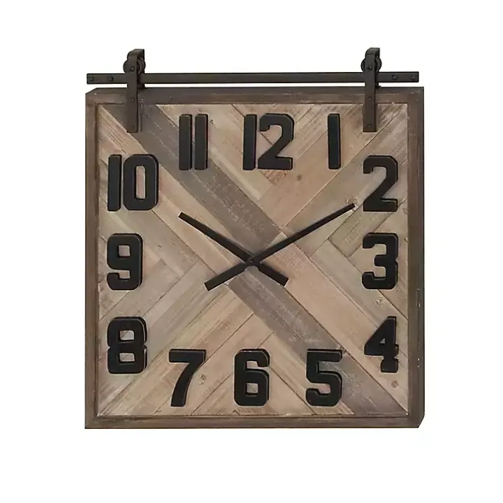 Brown Wood Black Metal Accent Square Wall Clock