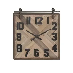 Brown Wood Black Metal Accent Square Wall Clock