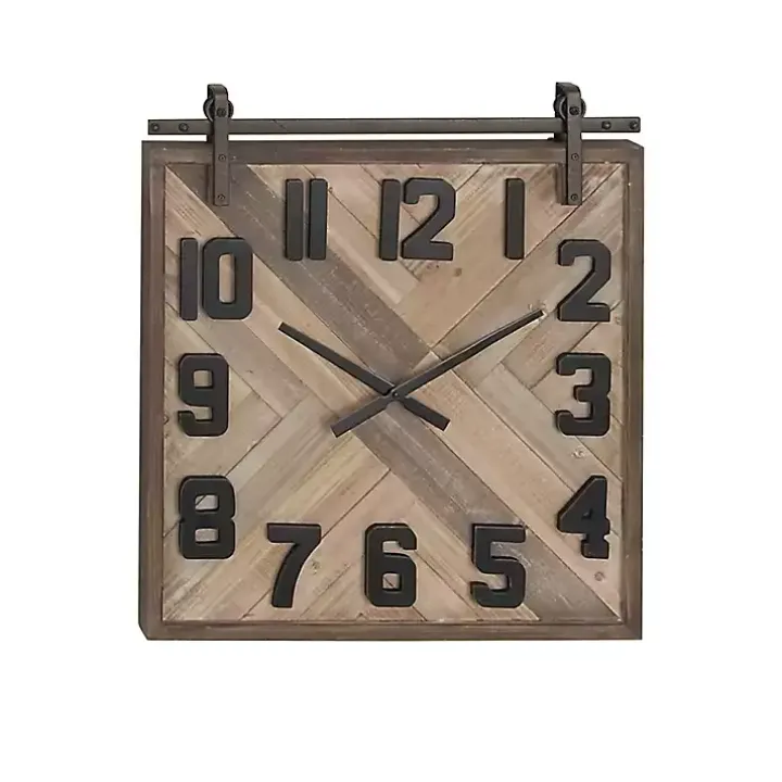 Brown Wood Black Metal Accent Square Wall Clock