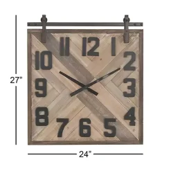 Brown Wood Black Metal Accent Square Wall Clock