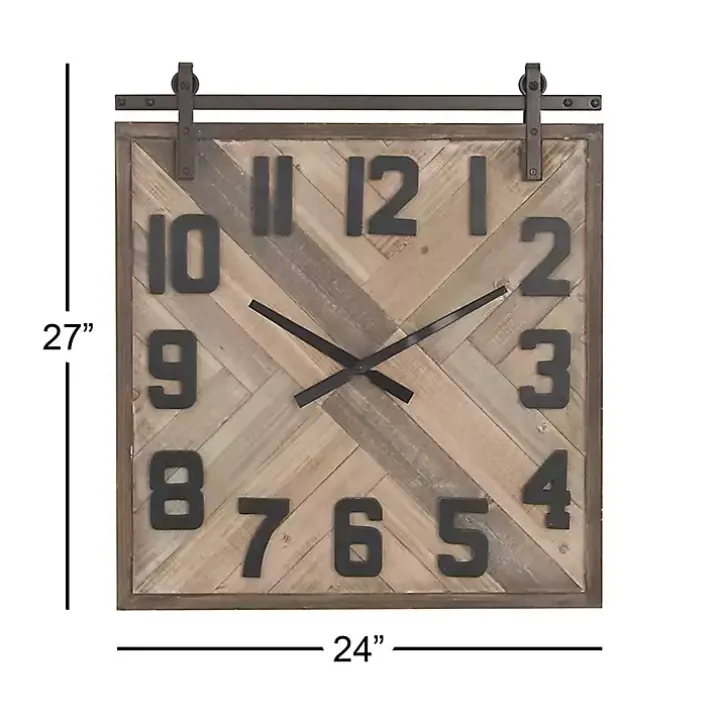 Brown Wood Black Metal Accent Square Wall Clock