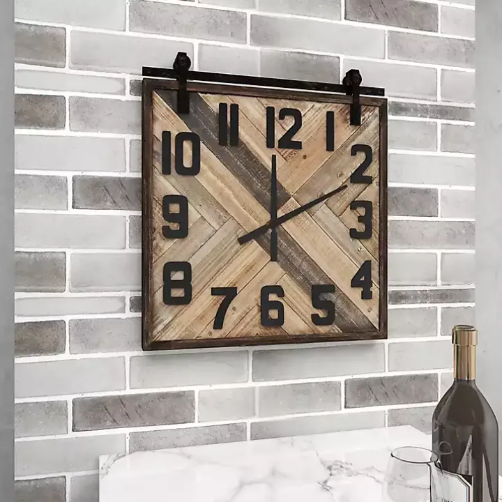 Brown Wood Black Metal Accent Square Wall Clock