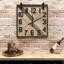 Brown Wood Black Metal Accent Square Wall Clock