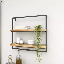 Brown Wood Black Metal Frame Wall Shelves