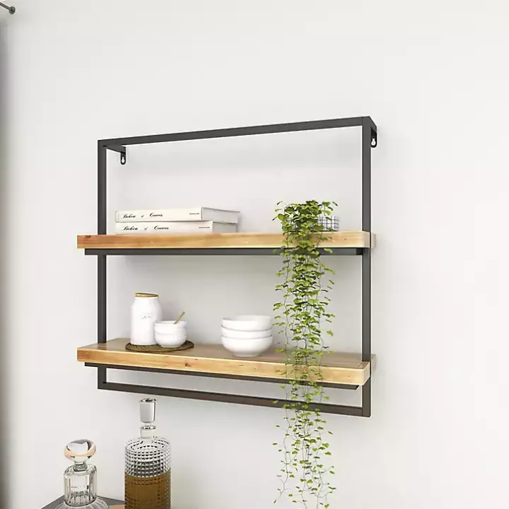Brown Wood Black Metal Frame Wall Shelves