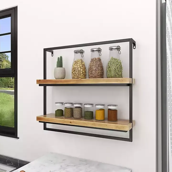 Brown Wood Black Metal Frame Wall Shelves