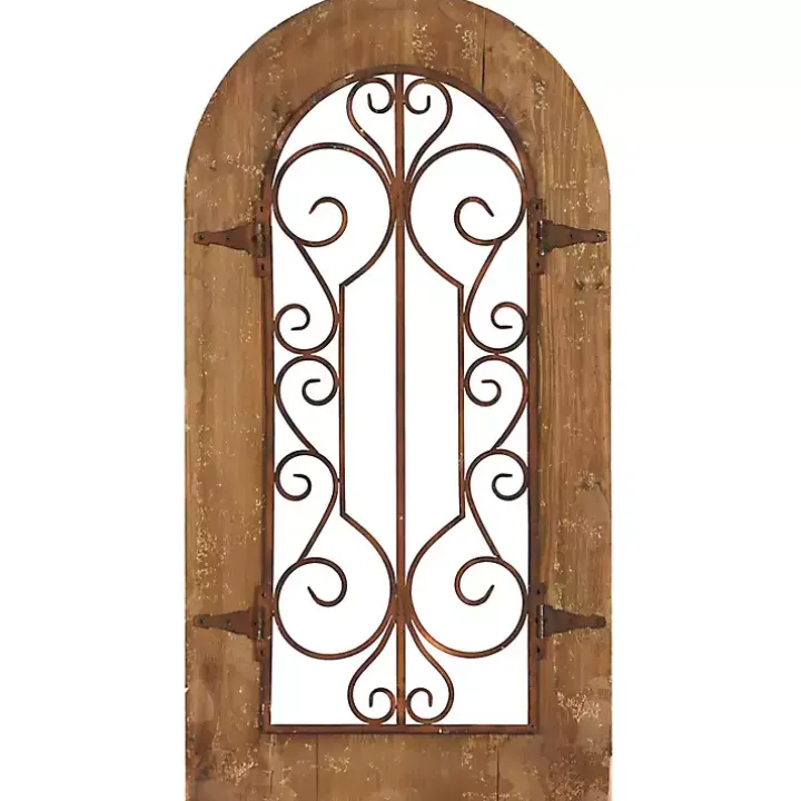 Brown Wood Black Metal Scrollwork Wall Plaque