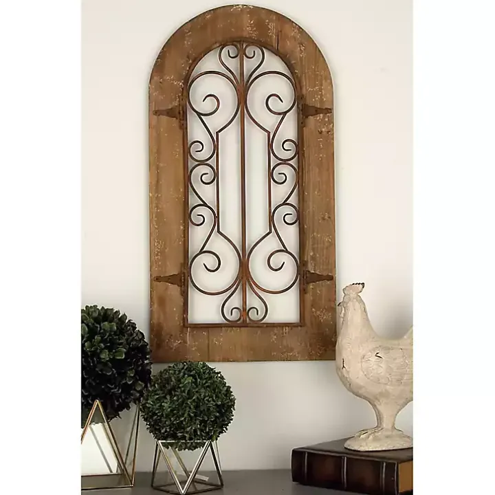 Brown Wood Black Metal Scrollwork Wall Plaque