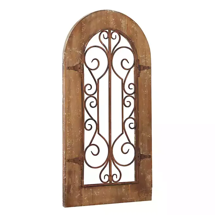 Brown Wood Black Metal Scrollwork Wall Plaque