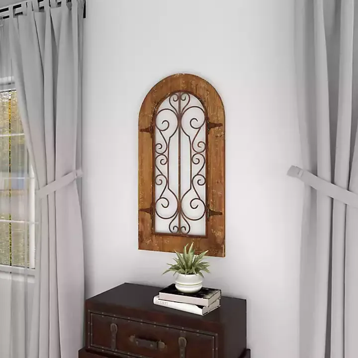 Brown Wood Black Metal Scrollwork Wall Plaque