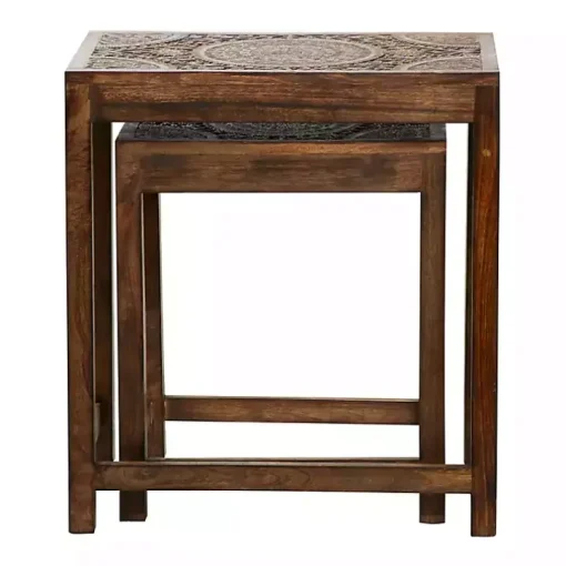 Brown Wood Carved Floral Nesting Tables, Set of 2