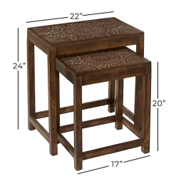 Brown Wood Carved Floral Nesting Tables, Set of 2