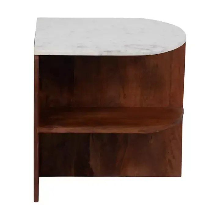 Brown Wood Half Round Marble Accent Table
