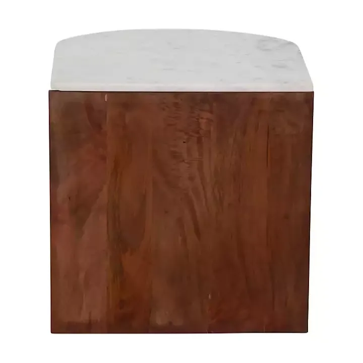 Brown Wood Half Round Marble Accent Table