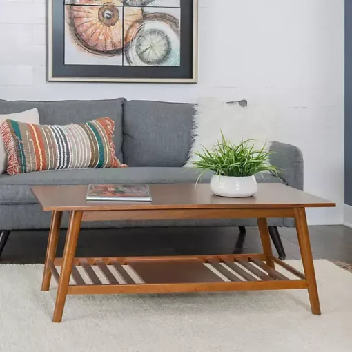 Brown Wood Slatted Bottom Shelf Coffee Table
