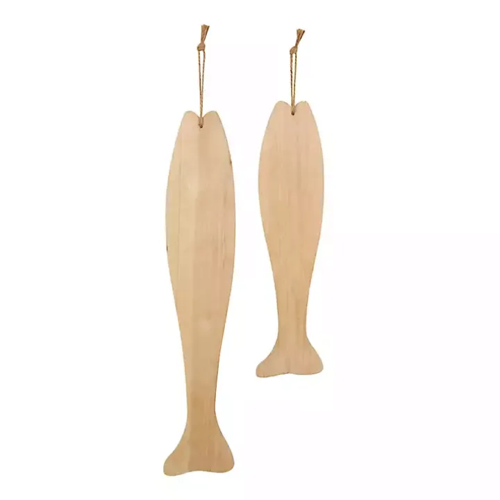 Brown Wood Striped Fish Wall Plaques, Set of 2